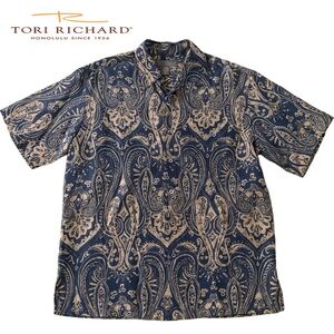 Tori Richard Navy and Beige Paisley Silk/Linen Blend Collared Shirt M